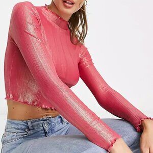 Monki Glitter Crinkle High Neck Top in Pink